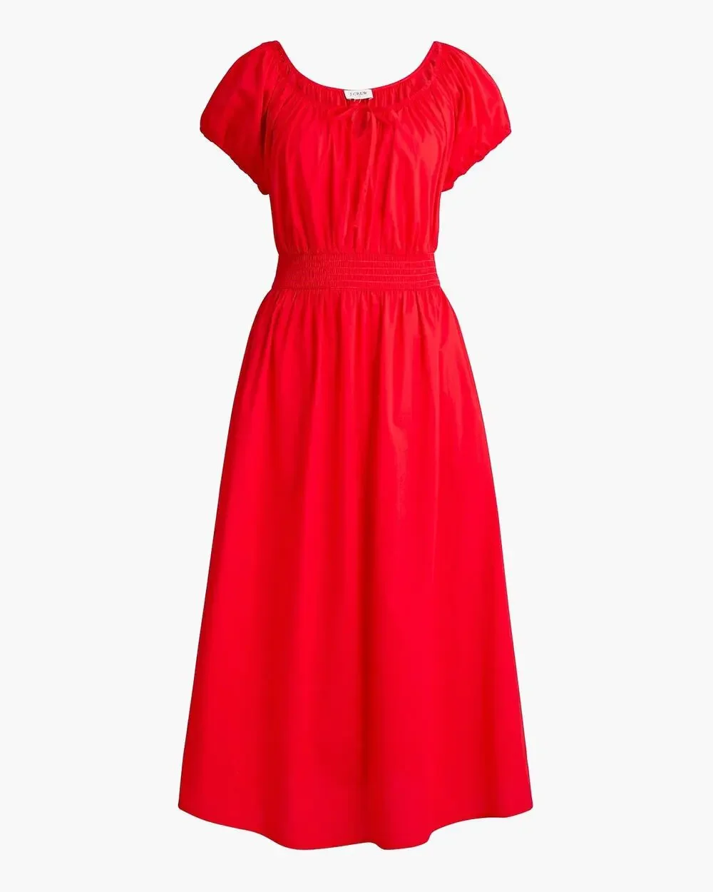 NWT J. Crew Sz LP Smocked Waist Midi Dress Bright Red Peasant Puff Sleeve Cotton